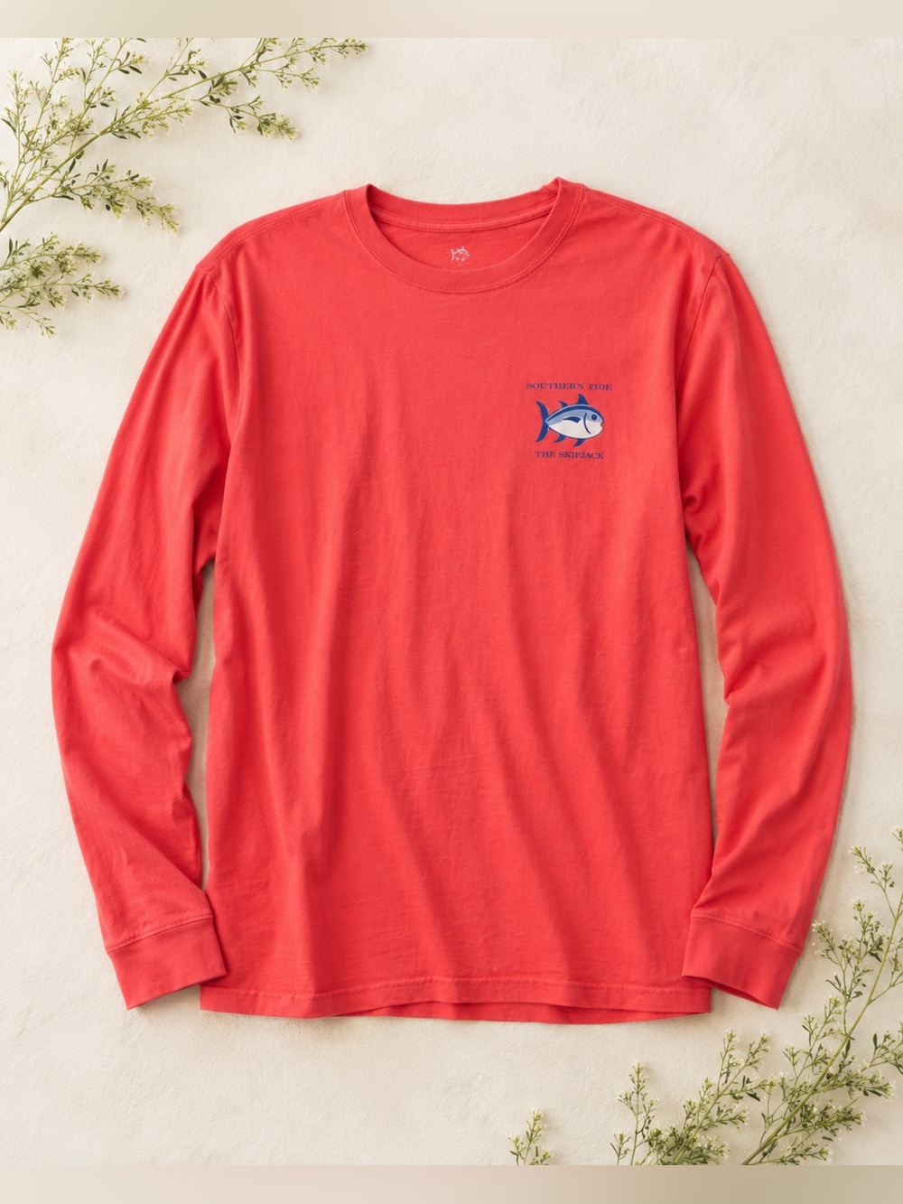Southern Tide Coral Red Long Sleeve Tee with Fish Logo
